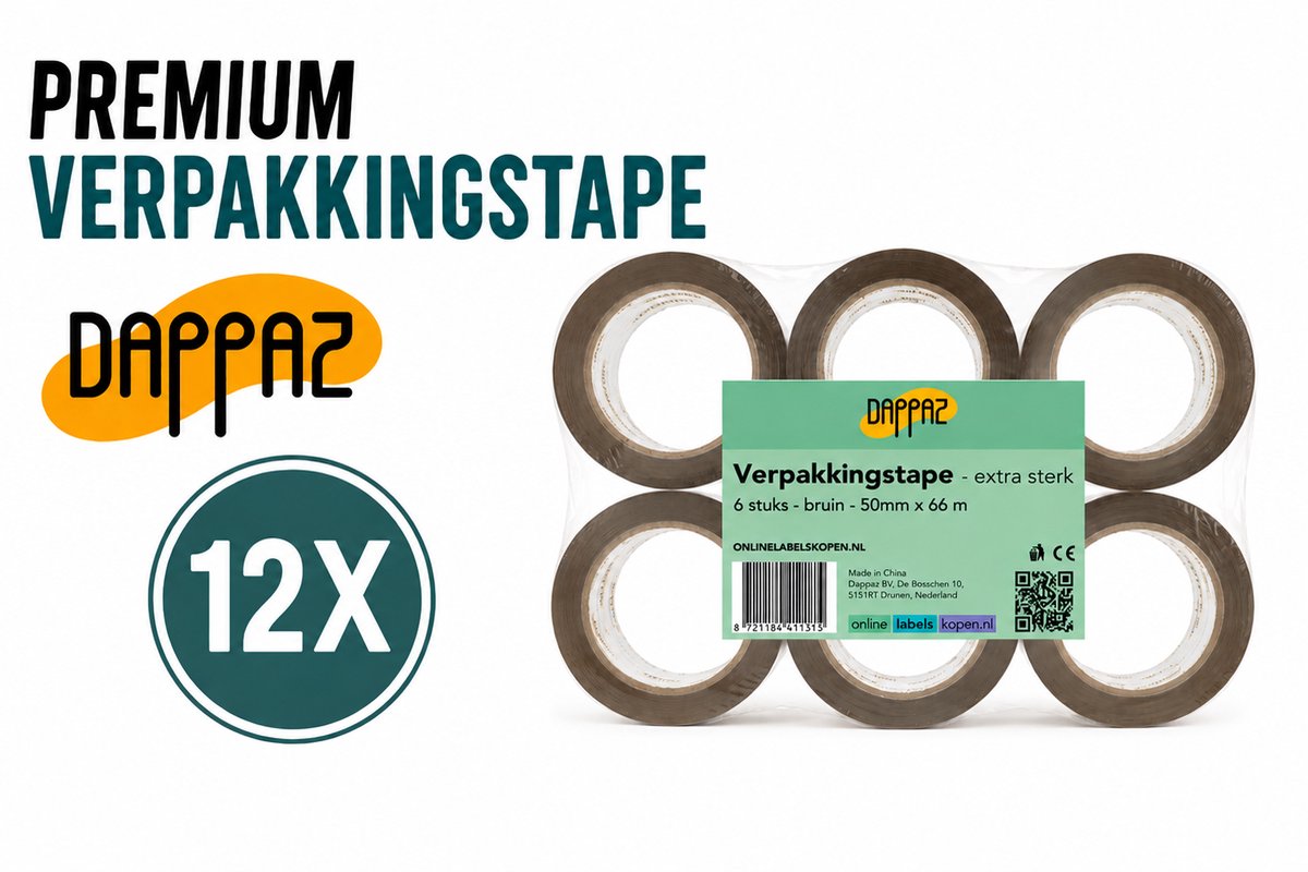 Verpakkingstape Bruin 12 stuks - Dozen Tape OPP - Extra Sterk Plakband met Hoge Kleefkracht 50mm x 66m - Dikte 65 µm - Dappaz