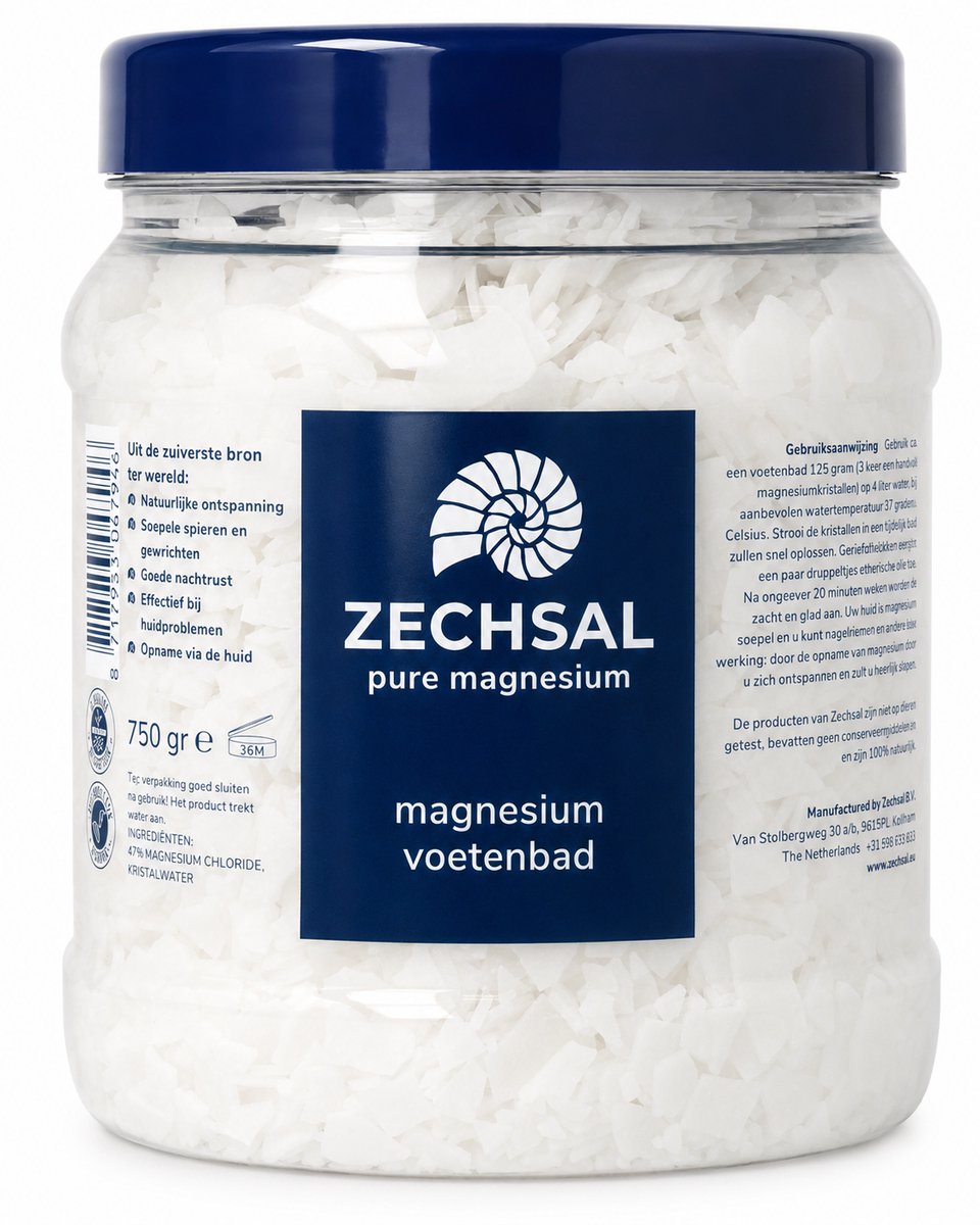 Zechsal Magnesium - Badmiddel - Voetbadzout - 750 GR - Pure magnesium badkristallen - Effectieve magnesium opname via de voeten - Zuivert de huid, ook bij schimmelproblemen