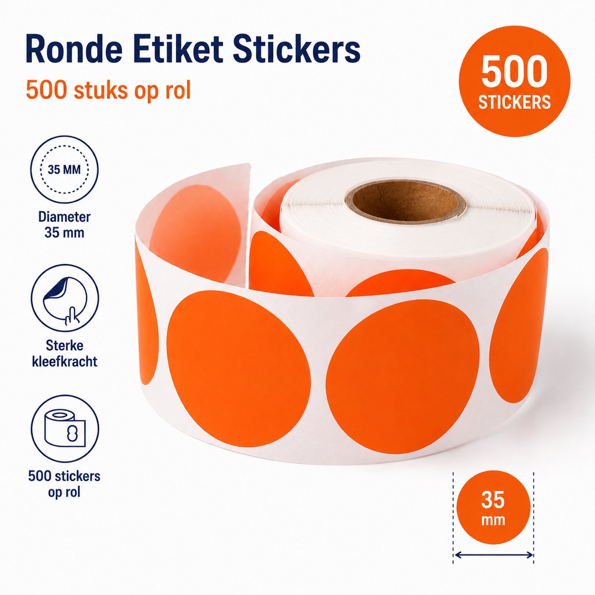 500 Etiketten Rond Oranje Stickers 35 mm op Rol - Label Blanco Stickers Gekleurd Sluitzegels - Dappaz