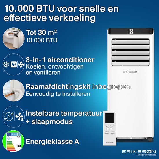 Mobiele airco 10.000 BTU koelt tot 30m². 3-in-1: koelen, ontvochtigen, ventileren. Inclusief raamafdichtingskit. Instelbare temperatuur, slaapmodus. Energieklasse A.