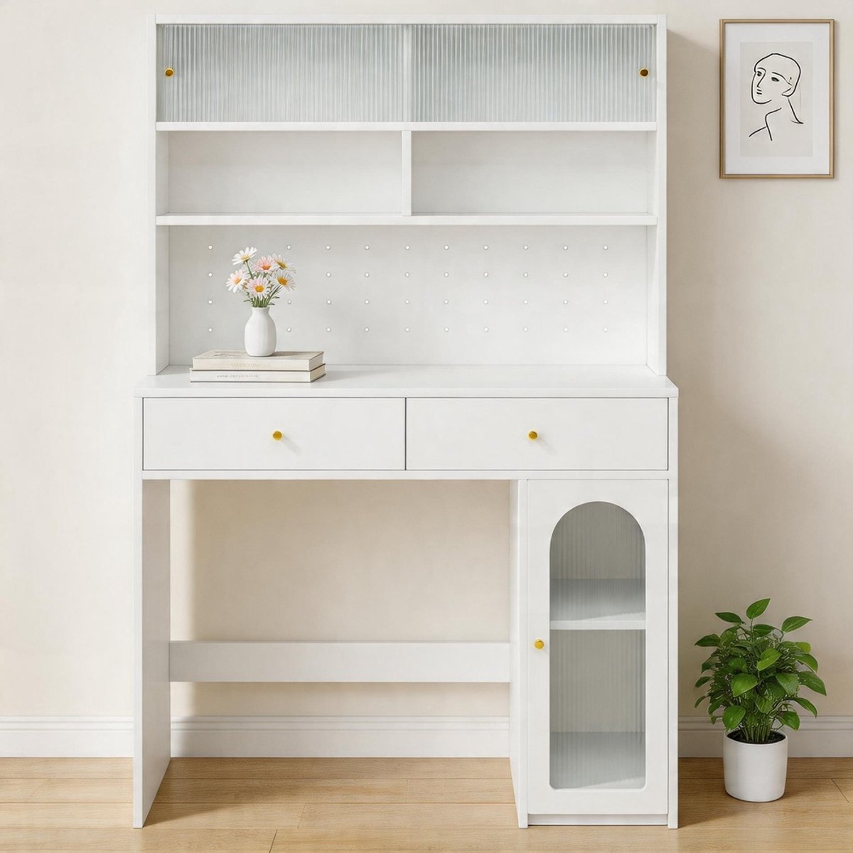 KOMHTOM - Keukenkast met werkblad - Dressoir en hoge kast - Geïntegreerde barfunctie met haaklijst - 2 lades, verstelbare legplank en open opbergruimte - Kleur: Wit