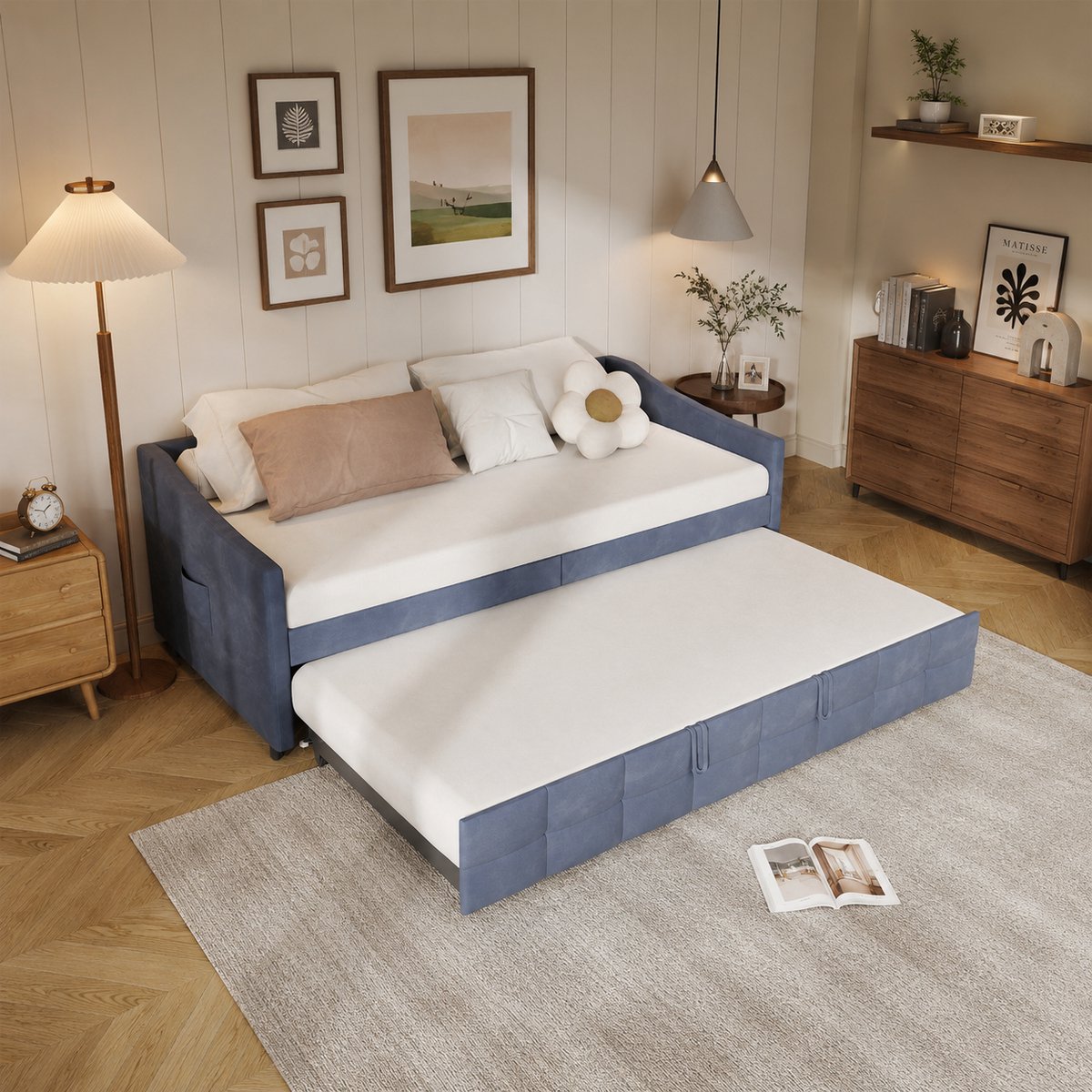MEXUS Tweepersoonsbed, 90 x 200 cm, uitschuifbaar, Uitschuifbare tweepersoons slaapbank, gestoffeerde slaapbank met lattenbodem, uittrekbare slaapbank, fluwelen stof, DonkerGrijs Donker Grijs