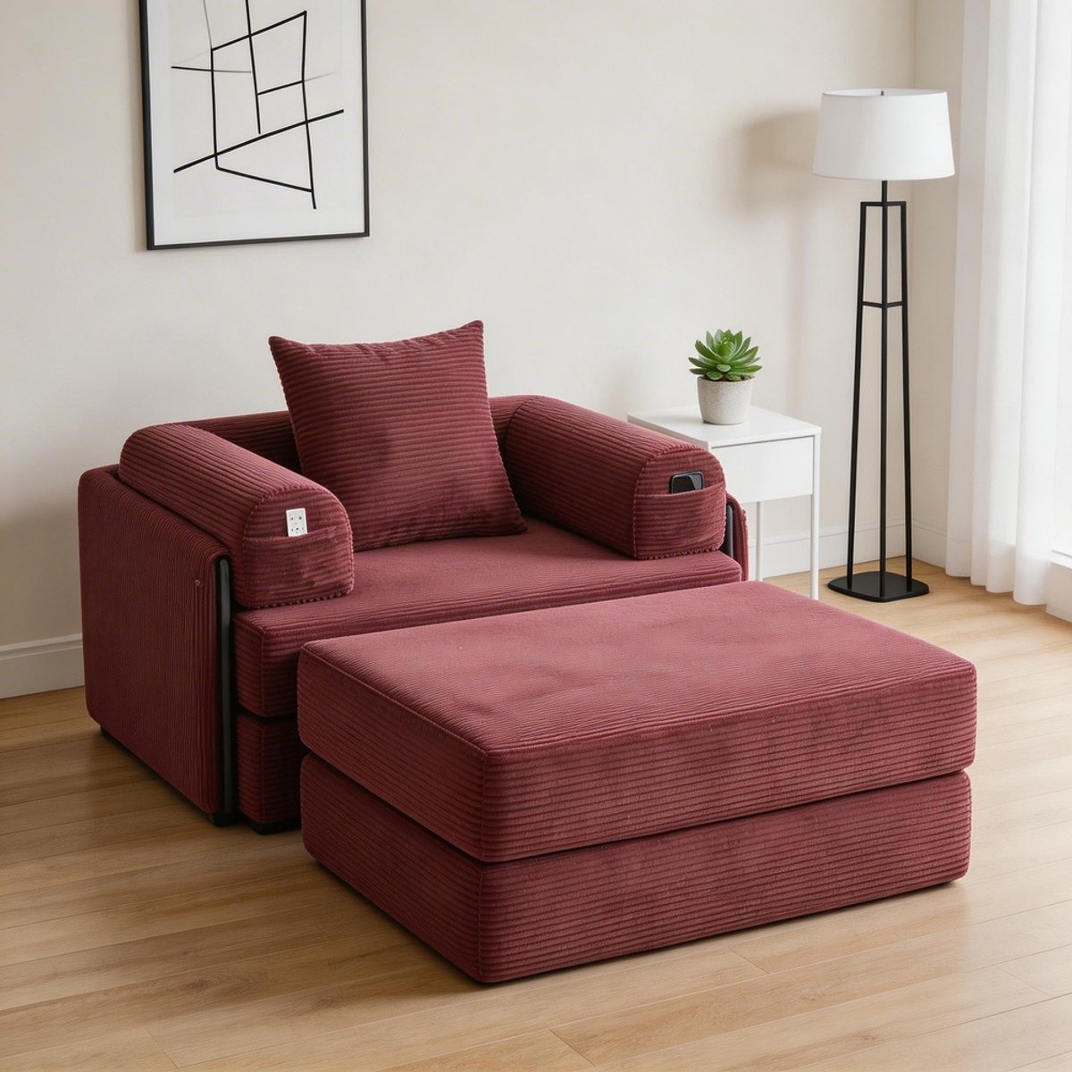 Komhtom - Corduroy-compressiefauteuil met poef en stevig metalen frame - ergonomisch ontwerp en dikke vulling voor langdurig comfort - inclusief zijvak en kussens - vrij te combineren en veelzijdig inzetbaar