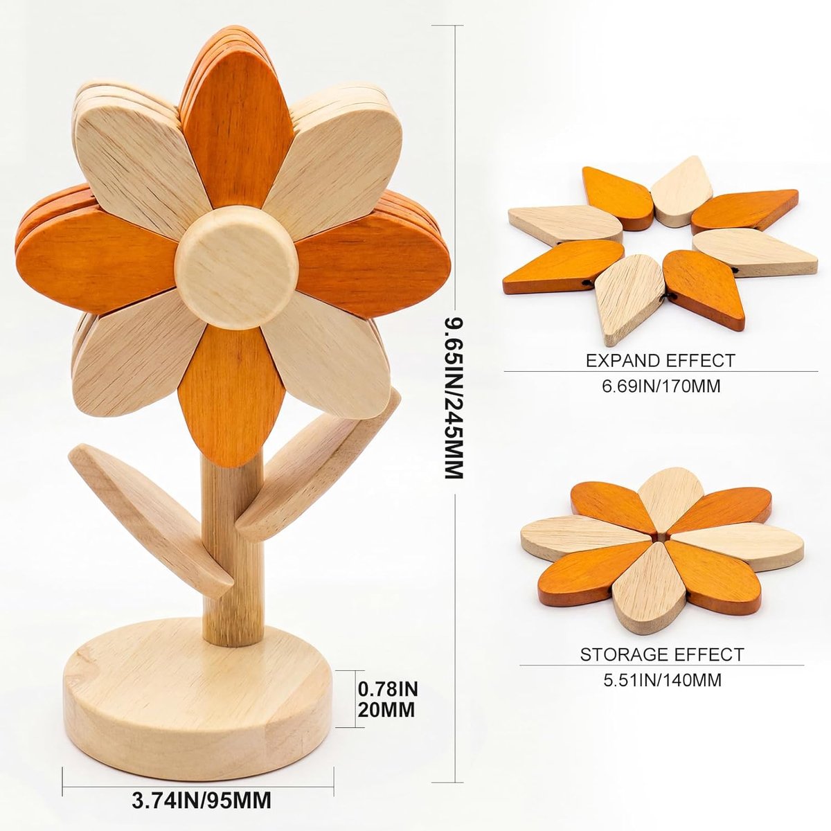 Daity 5-Delige set — Hittebestendige onderzetters — Houten onderzetterset in zonnebloemvorm — Hittepads van beukenhout — Geschikt voor hete potten, pannen, schalen en theepotten — deaal cadeau voor een housewarming of voor in de keuken — cadeau in Koken & Dineren - foto 5