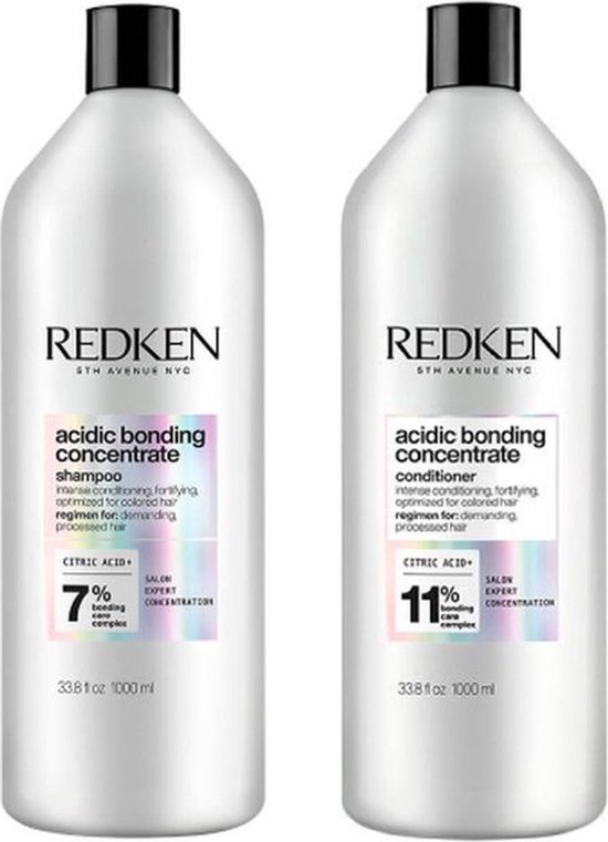 Deux bouteilles de shampooing et de revitalisant Redken Acidic Bonding Concentrate en néerlandais.