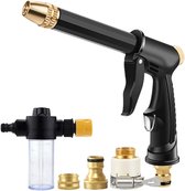 Zwart hogedrukspuitpistool met gouden mondstuk, inclusief schuimreservoir en adapters.