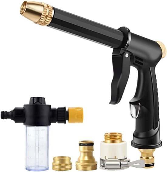 Zwart hogedrukspuitpistool met gouden mondstuk, inclusief schuimreservoir en adapters.