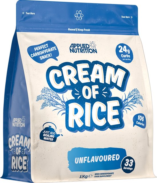 Wit met blauwe opdruk, Applied Nutrition Cream of Rice, 1kg, 33 porties, 24g koolhydraten, 106 calorieën.