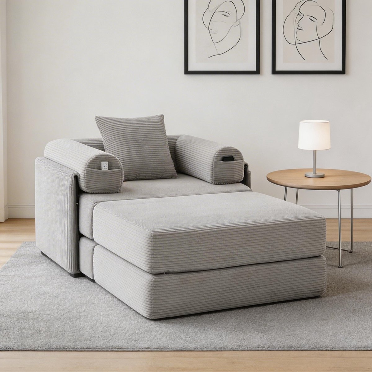 Komhtom - Cord-compressiefauteuil met poef en stabiel metalen frame - ergonomisch ontwerp en dikke vulling voor langdurig comfort - inclusief zijvak en kussen - vrij te combineren en veelzijdig inzetbaar