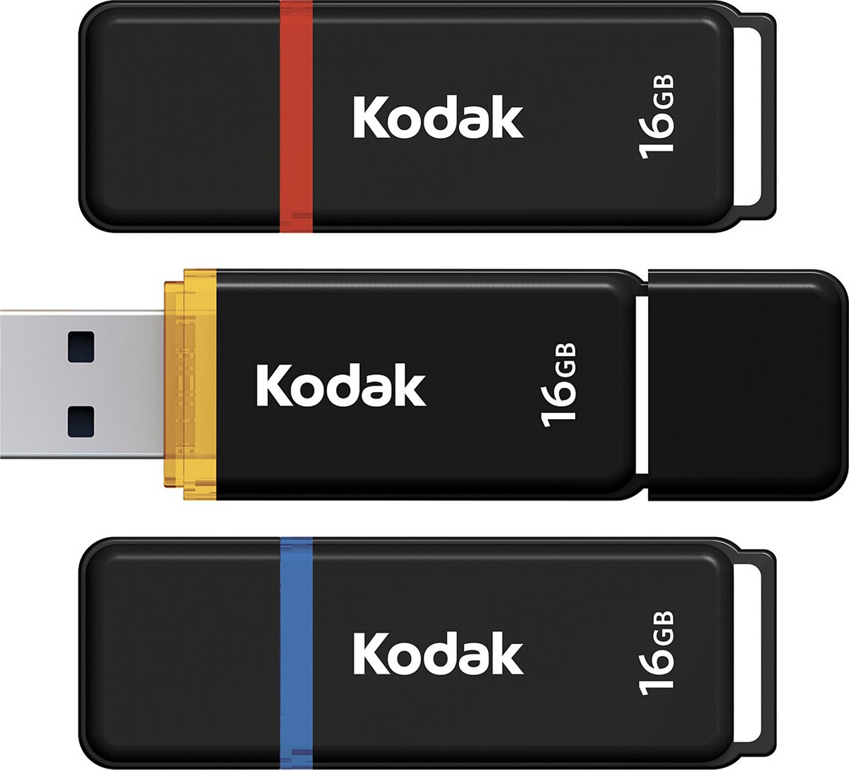 Kodak II Classic K102 Serie Flash Drive - 16 GB - USB Stick - USB 2.0 - Beschermdop - Geel/ Blauw/ Rood - 3-Pack