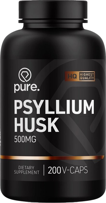 Zwarte pot met 'Pure. Psyllium Husk 500MG' en '200 V-CAPS' in witte en gouden letters.