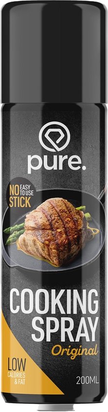 Zwarte spuitbus Pure Cooking Spray Original met afbeelding van vlees met asperges. Laag in calorieën & vet.