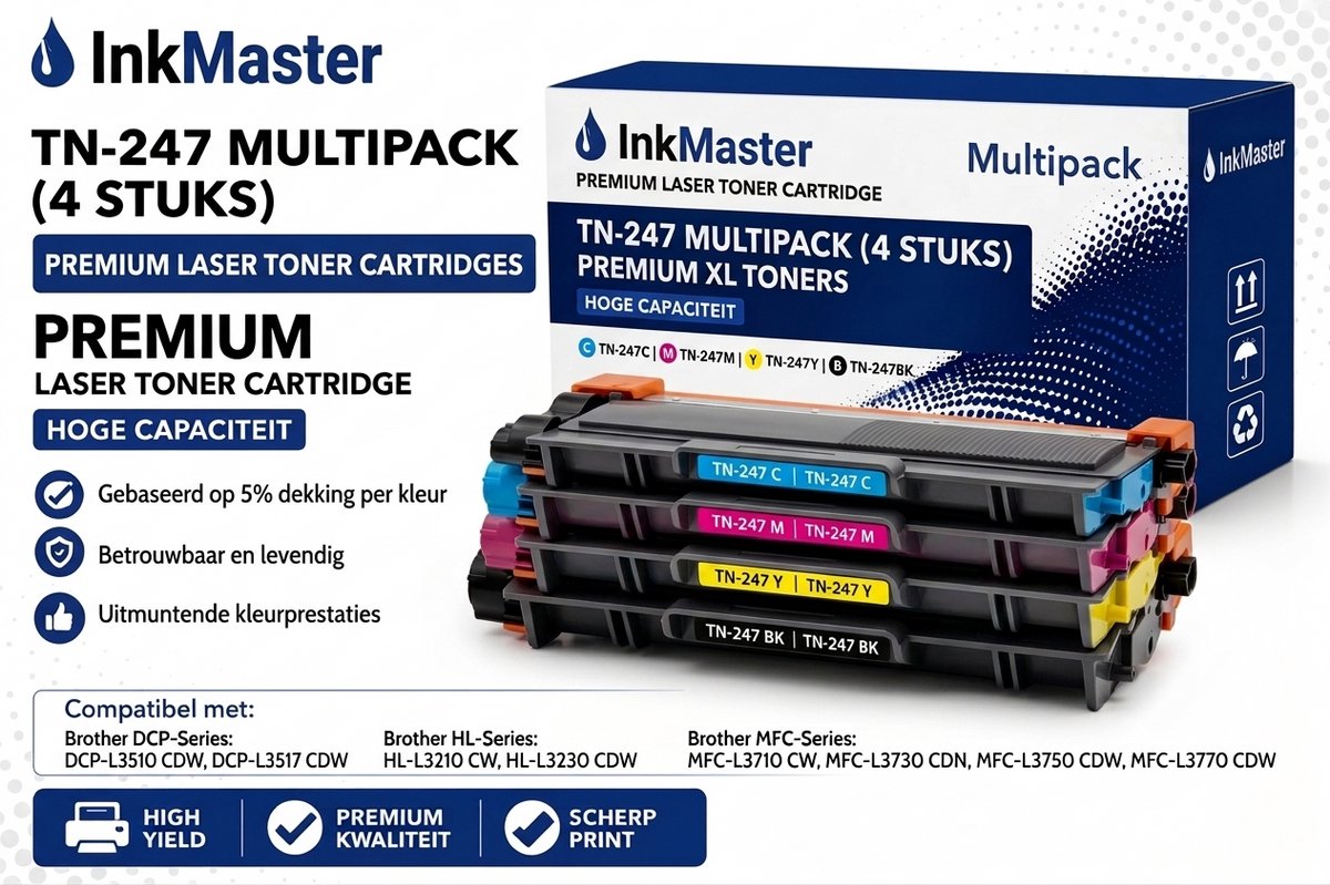 Inkmaster premium toner cartridge voor Brother TN-247/ TN247 multipack (4 stuks) geschikt voor : Brother DCP-L3510 CDW DCP-L3517 CDW DCP-L3550 CDW HL-L3210 CW HL-L3230 CDW HL-L3270 CDW MFC-L3710 CW MFC-L3730 CDN MFC-L3750 CDW MFC-L3770 CDW