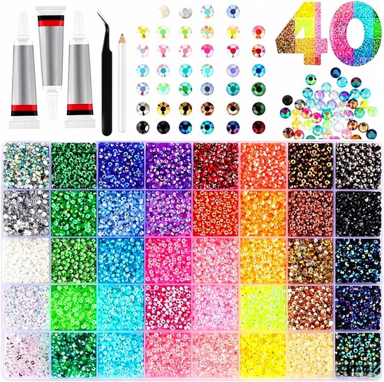 Luxe Strasssteentjes Set - 32000 stuks - 40 kleuren - Strass stenen in doos - DIY Strasstenen - afm 3mm - Lijm met pincet - plaksteentjes - voor ambacht, kleding, mokken, schoenen, stof, nagelkunst