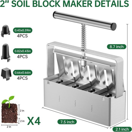 Tuingereedschap - Grondblokpers - GrondblokmakerHandmatige Grondblokker - handmatige grondblokmaker - Plantenteelt - 4 Perspotten - plantgereedschap -Grondblokker - Zaailinggereedschap - Zilver van Tuingereedschap. — afbeelding 5