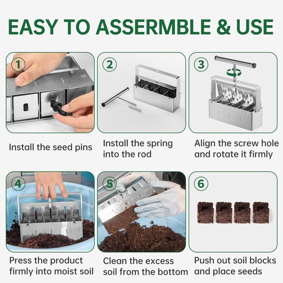 Tuingereedschap - Grondblokpers - GrondblokmakerHandmatige Grondblokker - handmatige grondblokmaker - Plantenteelt - 4 Perspotten - plantgereedschap -Grondblokker - Zaailinggereedschap - Zilver van Tuingereedschap. — afbeelding 2