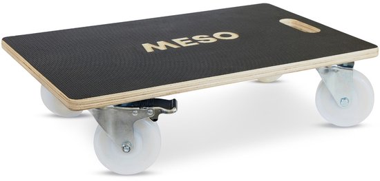 Zwarte meubelroller met MESO logo en vier witte zwenkwielen.