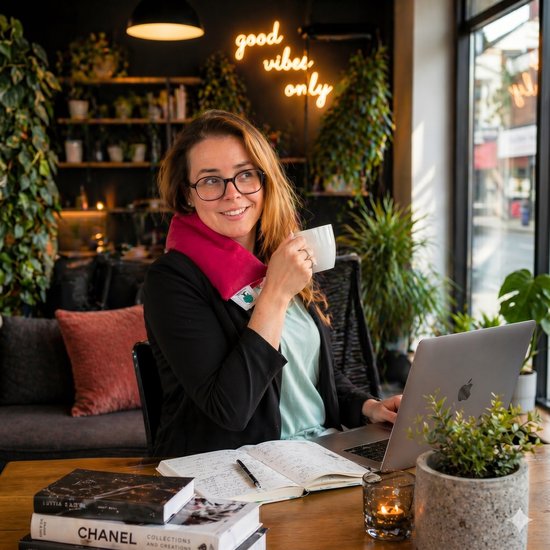 Een vrouw met bril draagt een rood kersenpitkussen om haar nek, drinkt koffie en werkt aan een laptop.