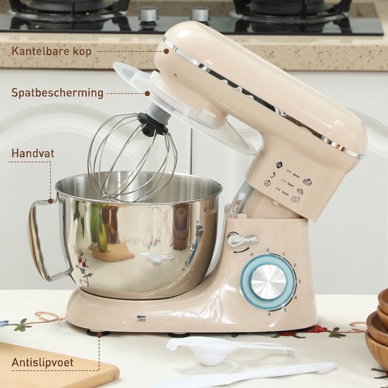 Keukenmachine 1300W - Keukenrobot - 4.5L - Foodprocessor met 6 - standen - Mixer met Mengkom - BPA-vrij - Keukenmixer - 3 Accessoires - Beige van TEKROA — afbeelding 5