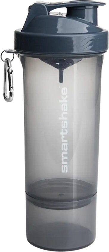 Grijze SmartShake Slim shaker met donkergrijs deksel en opbergvak.