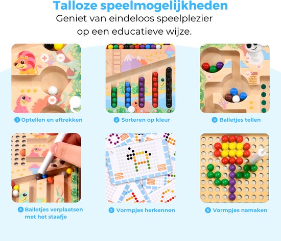 Educatief spel met 6 activiteiten: optellen/aftrekken, sorteren, tellen, verplaatsen met staafje, vormen herkennen, vormen namaken.