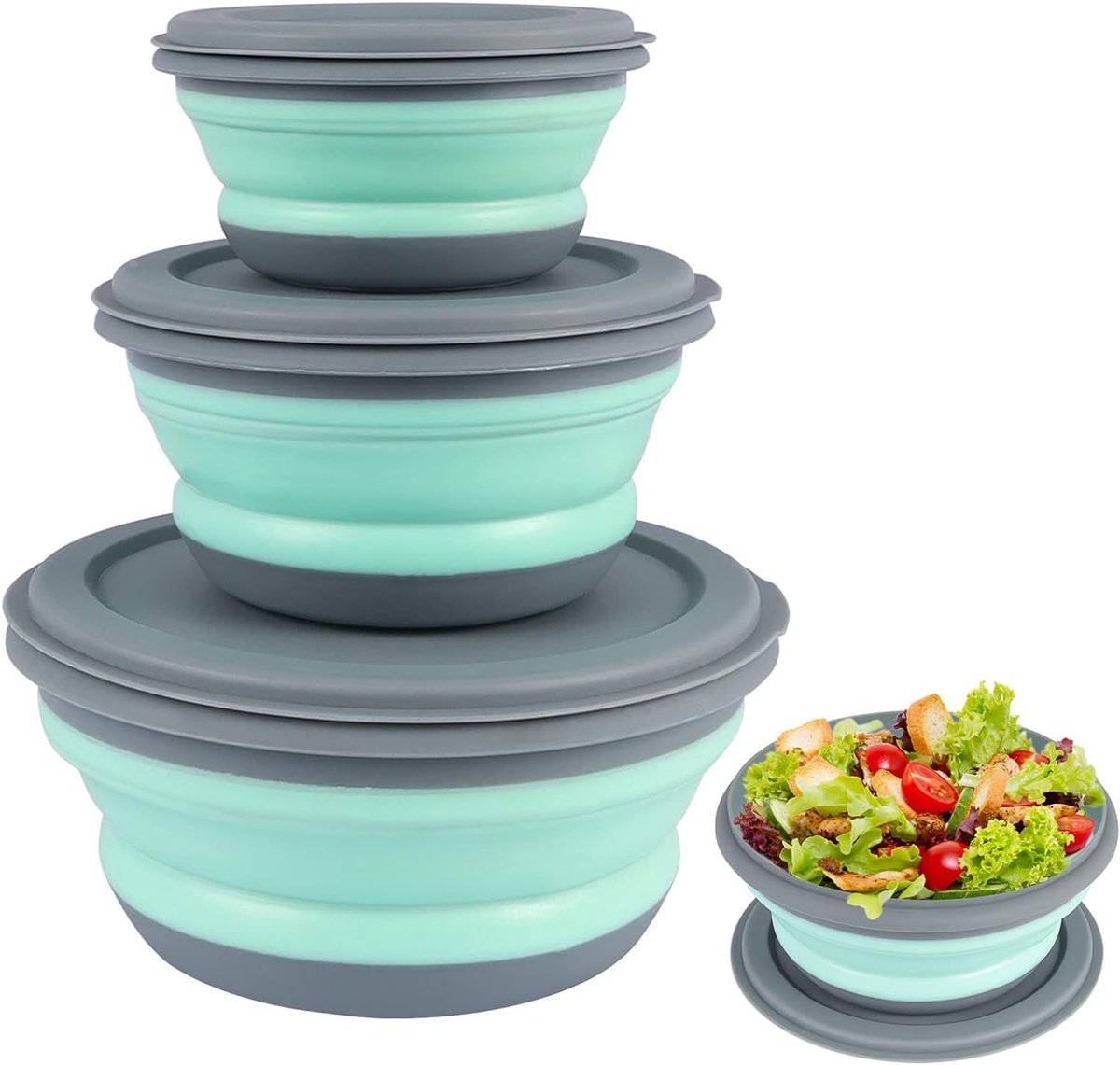 Opvouwbare kom voor camping- 3 stuks- siliconen- opvouwbare kom- draagbare lunchbox- picknick- kom- slakom met deksel voor keuken- camping- outdoor- 300 ml + 600 ml + 900 ml (groen)