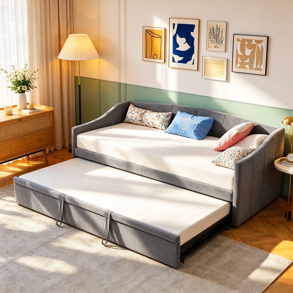 MEXUS Tweepersoonsbed, 90/180 x 200 cm, slaapbank, uitschuifbare bank, bed met lattenbodem, fluwelen stof, donkergrijs Donker Grijs