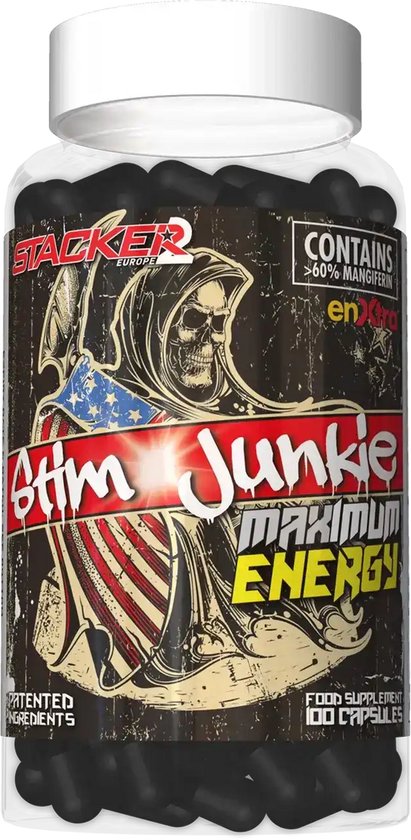 Stacker2 Stim Junkie verpakking met een schedel in een cape met Amerikaanse vlag. Maximale energie.