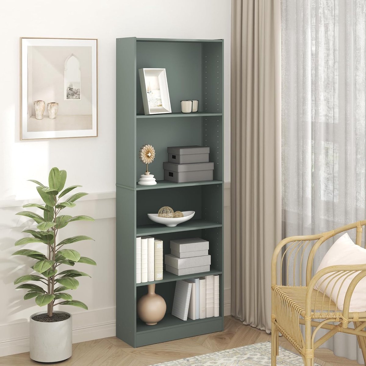 SageLine Moderne 5-Laags Boekenkast met Verstelbare Planken – Smalle Design Opbergkast 180,8 cm Hoog – 24,1 x 62,2 cm