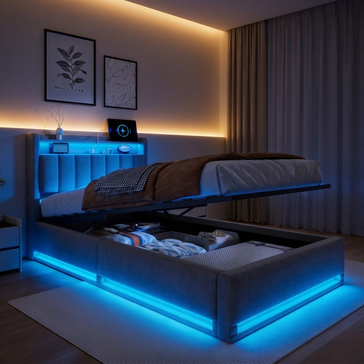 SHOPENTRA Eenpersoonsbed 90x200 cm – Opbergbed met LED-verlichting, USB-oplaadpoorten en Grote Opbergruimte Beige