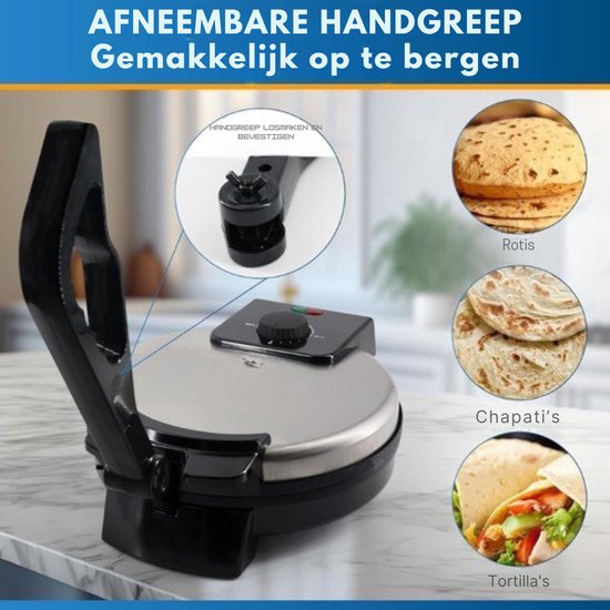 Thuys - Roti Maker 25.4 Cm - Met Gratis Rotin Afneembare Handgreep - Indiase Chapati - 1200W Warmer — afbeelding 2