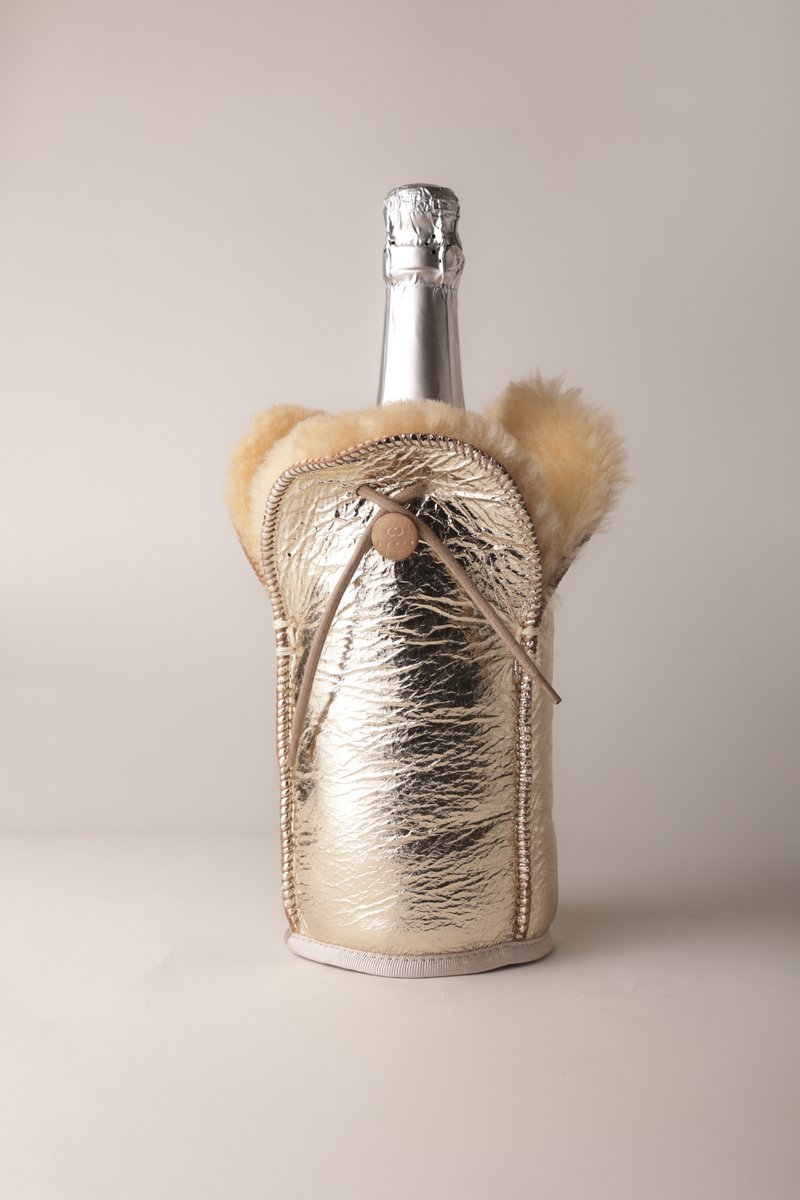 Kywie ® champagnekoeler van schapenvacht – wijnkoeler - 100% natuurlijk – 0,75l – temperatuurbehoudend - geschikt voor champagne, wijn, bourgogne, waterflessen - Zilver Sparkle