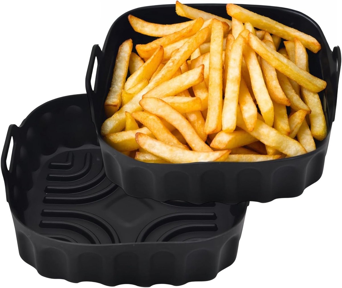 Set van 2 Zwarte Siliconen Bakvormen 21,5 x 21,5 x 5 cm voor Airfryer, Herbruikbaar en Geschikt voor Bakken en Grillen