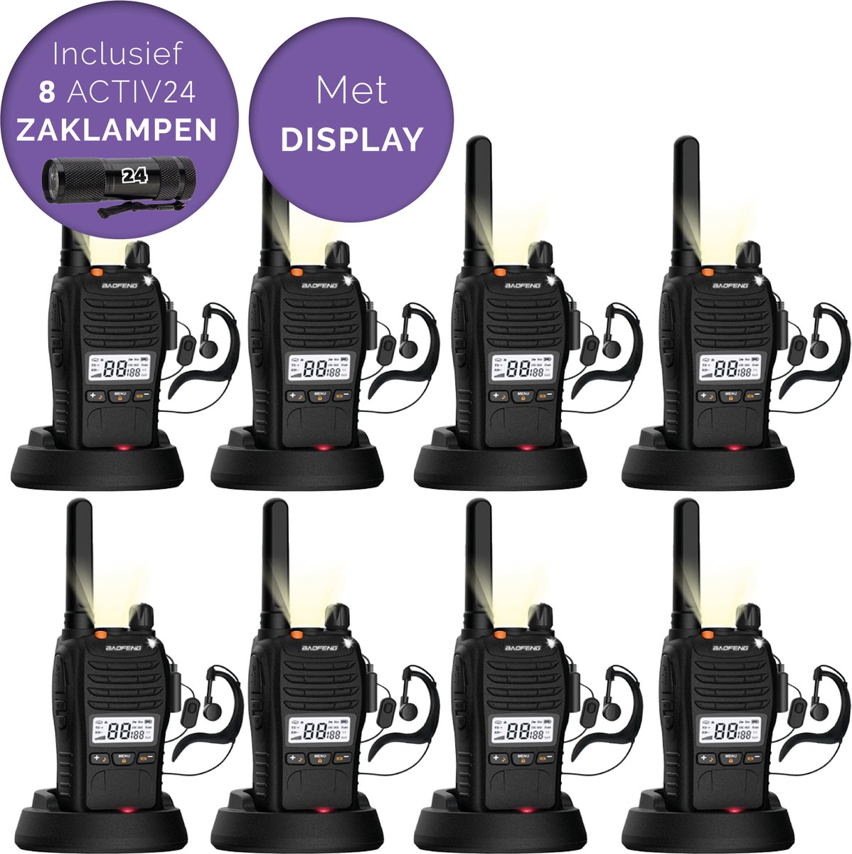 Activ24™ - Set van 8x Baofeng E88 PMR portofoons met display - Geen vergunning nodig - Met display, headsets en 8x Activ24™ zaklampen - Walkie Talkie - E88 portofoon