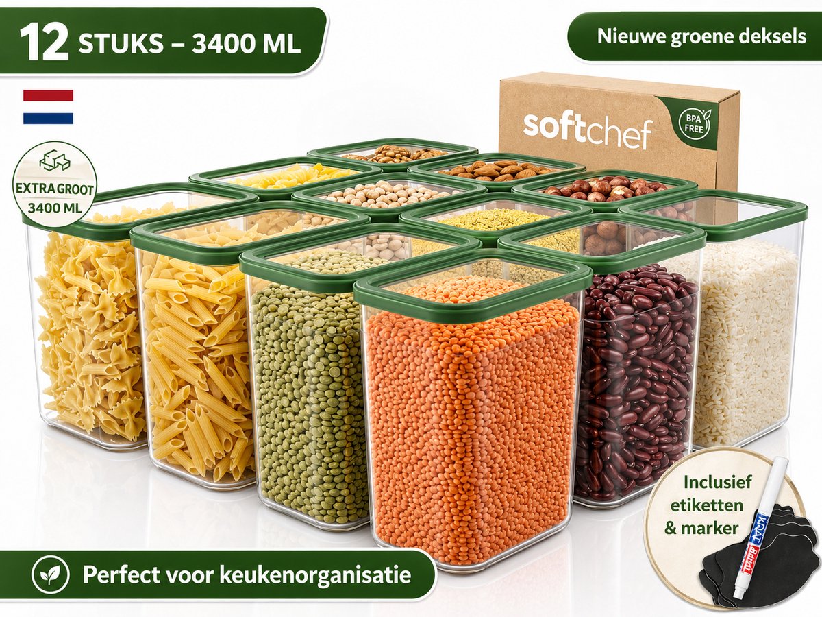 Soft Chef Viola 12-delige Rechthoekige Voedselbewaarset (12×3400 ml) – BPA-vrij – Stapelbaar – Aromabeschermend – Antraciet deksels – Inclusief labels & marker
