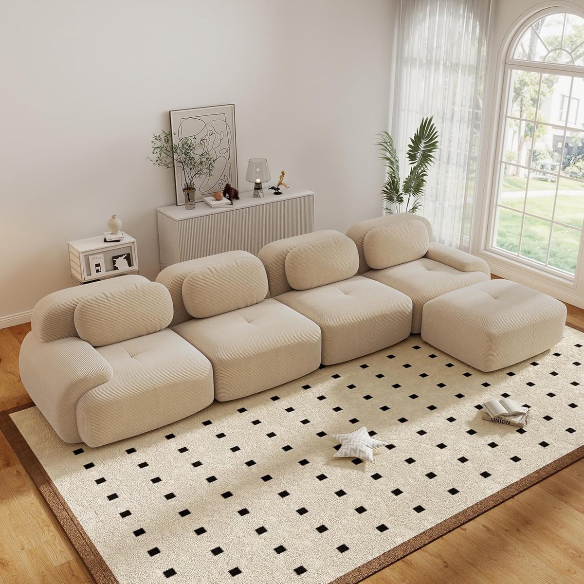 Moderne Hoekbank, L-Bank, 4-Zitsbank, Moderne 388 cm Brede, Converteerbare Hoekbank met Voetenbank, L-vormige Modulaire Corduroy Bank, Compacte Bank voor 4-6 Personen voor de Woonkamer, Extra Diepe Zitting, Geen Montage Nodig-Beige
