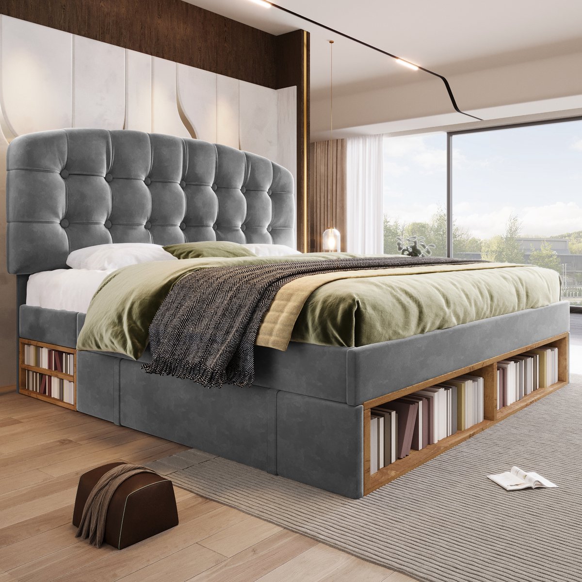 Merax 140x200cm gestoffeerd bed - met verstelbare hoogte gebogen hoofdeinde - met lade en opbergruimte - zonder matras - grijs