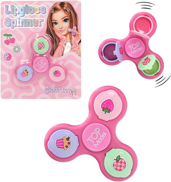 Roze lipgloss spinner met drie rode, groene en paarse applicators. Elk met een fruit- of cupcake-opdruk. De spinner is opengeklapt te zien.