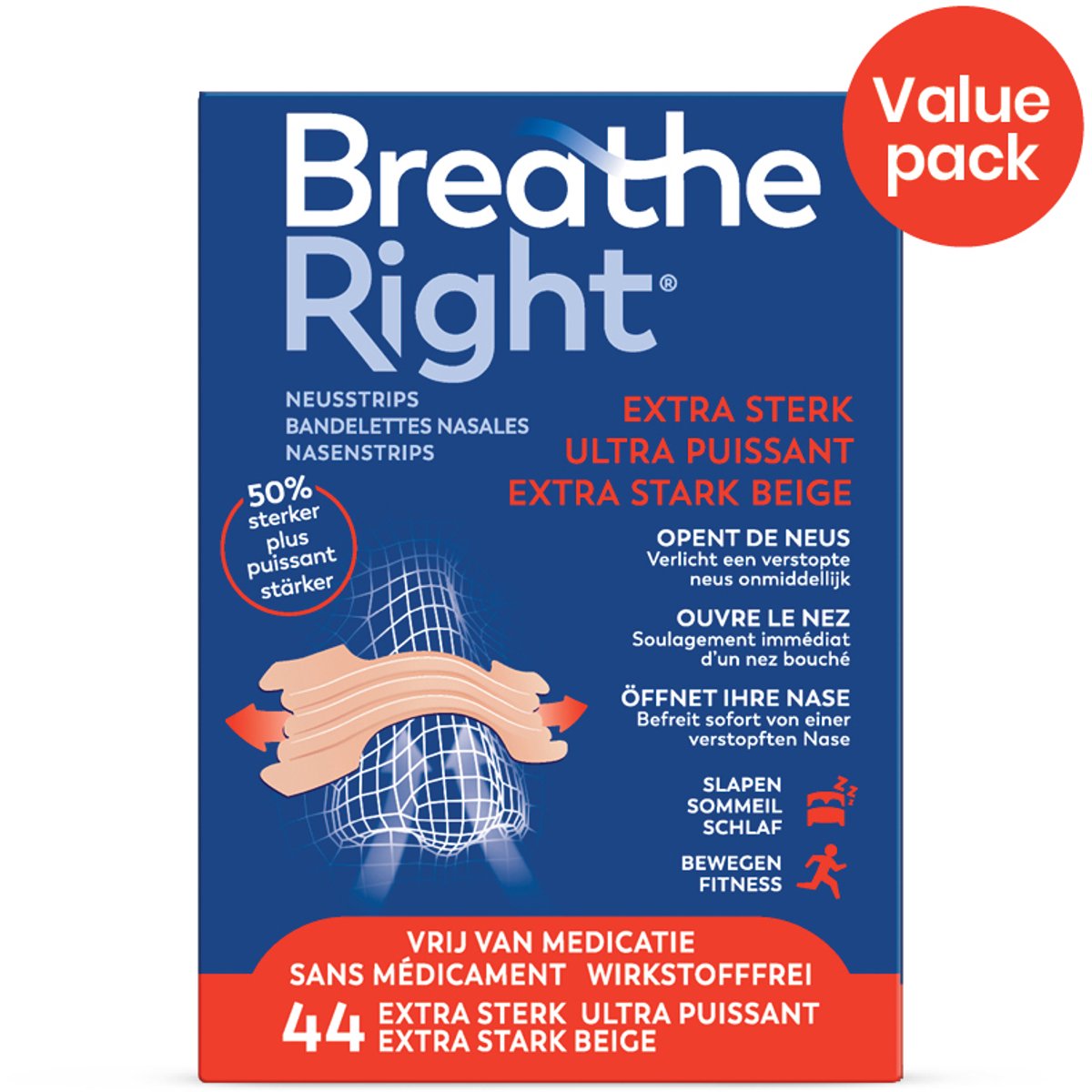 Breathe Right Neusstrips Extra Sterk Voordeelverpakking – 44 stuks – One Size – Tegen Snurken & Verstopte Neus – 50% Sterkere Werking – Langdurig Gebruik & Beste Prijs per Strip