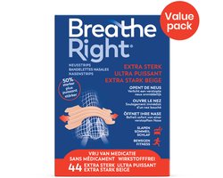Breathe Right Neusstrips Extra Sterk Voordeelverpakking – 44 stuks – One Size – Tegen Snurken & Verstopte Neus – 50% Sterkere Werking – Langdurig Gebruik & Beste Prijs per Strip