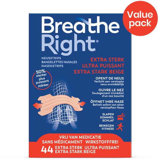 Breathe Right Neusstrips Extra Sterk Voordeelverpakking – Normale Huid - Beige 44 stuks – One Size – Tegen Snurken & Verstopte Neus – 50% Sterkere Werking – Langdurig Gebruik & Beste Prijs per Strip