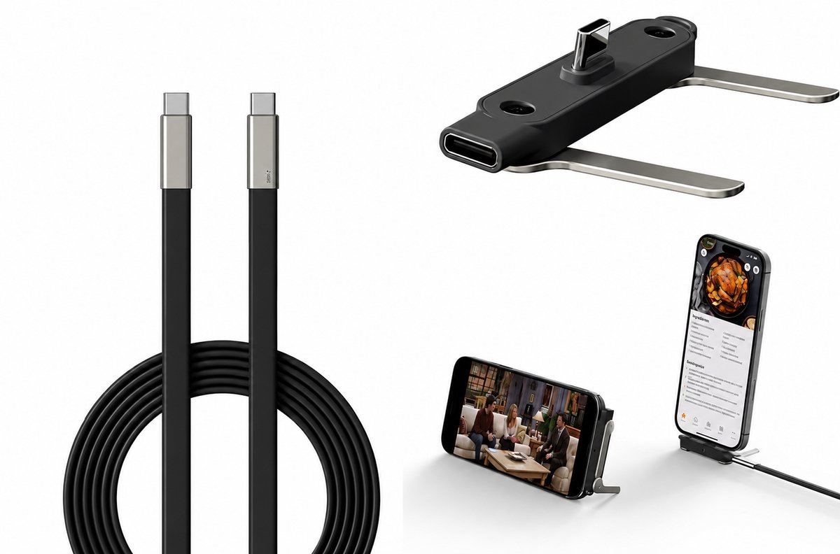 USB-C naar USB-C kabel - Incl opvouwbaar standaard - 1,20 meter - Oplaadkabel - Geschikt voor iPhone o.a - Goed voor games en video's kijken - Handig - Snellader - Pro - Plus - Telefoonstandaard