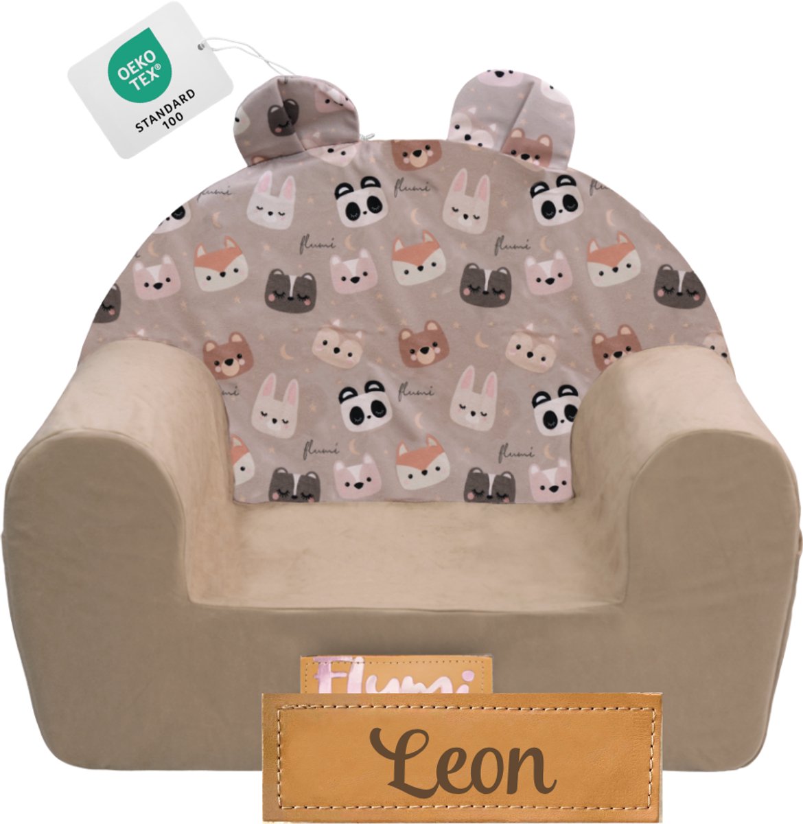 Flumi - Kinderfauteuil van schuim - Kinderstoel beige met berenprint - Met oortjes - Gepersonaliseerd met naamgravure