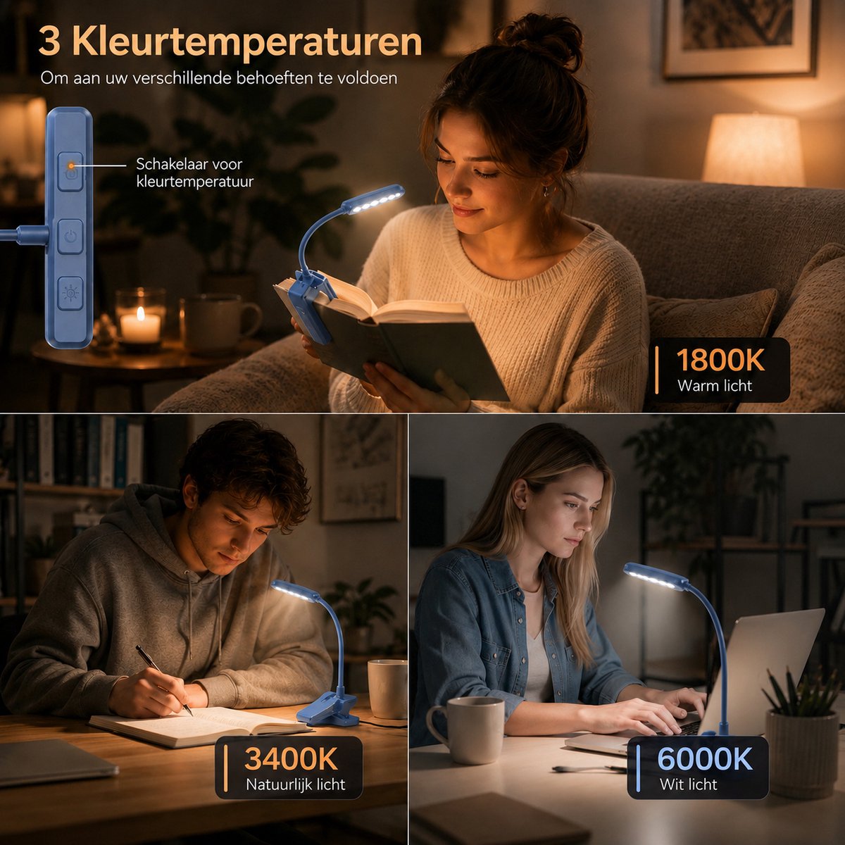 Sounix LED Leeslampje voor Boek met Klem - 315° draaibaar Leeslamp - 24 LED - Boeklampje met 3 Lichtstanden - Oplaadbare boeklamp USB - Dimbaar - Blauw — cadeau in Gadgets - foto 5