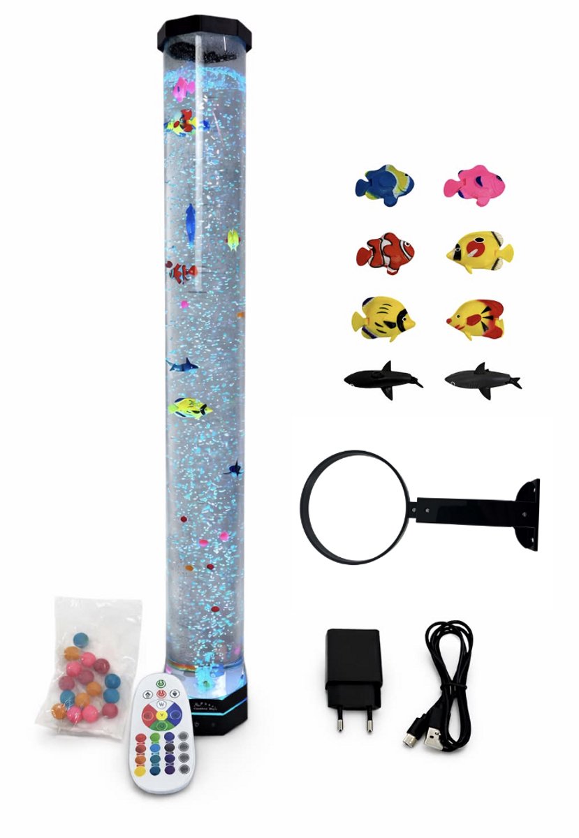 Luxe Water Bubbel Zuil (100 cm hoog) met LED Verlichting – Inclusief Zwemmende Visjes & Bolletjes en Muur bevestigings beugel.