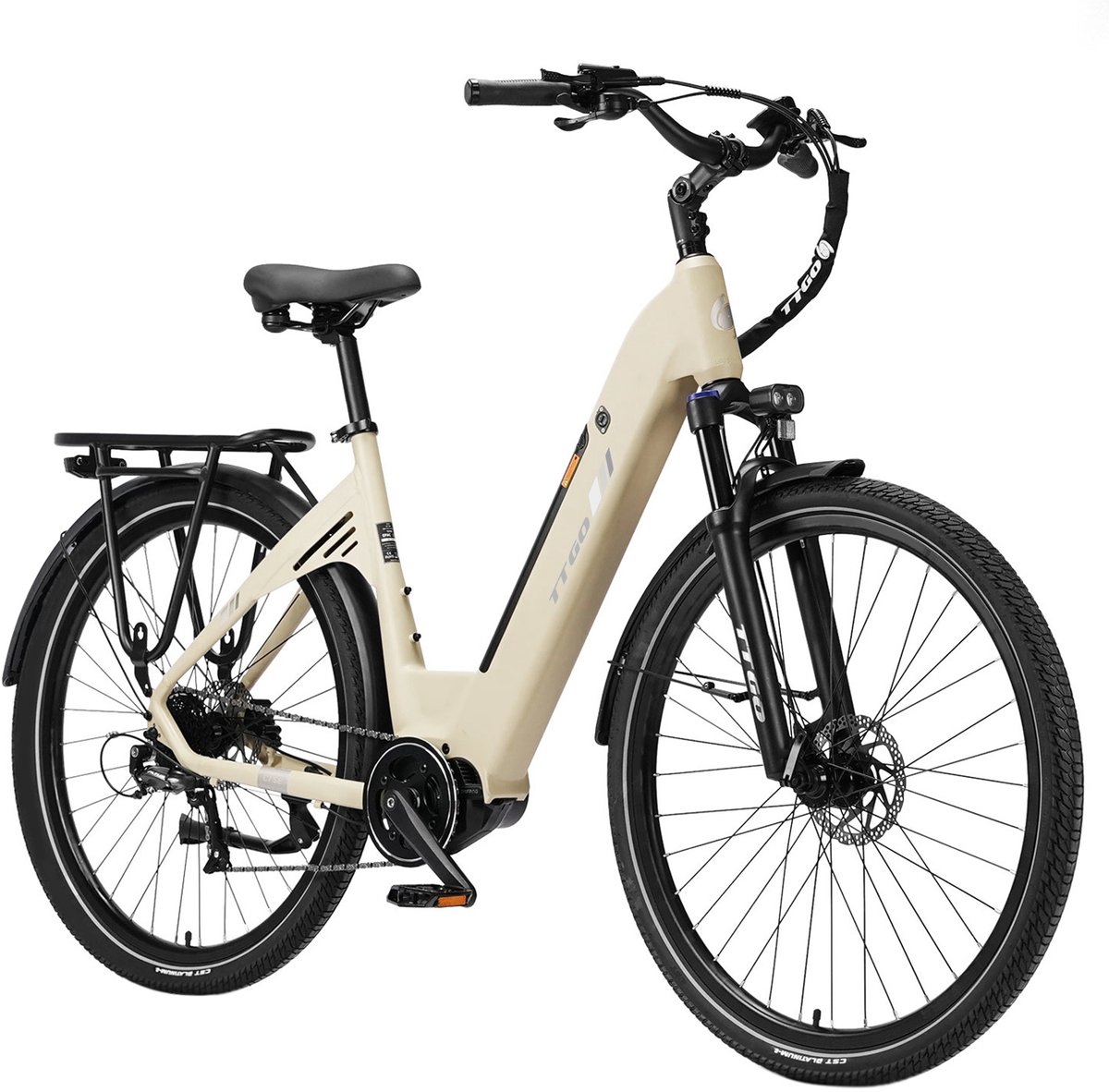 Elektrische Stadsfiets TTGO C7 SE - 28 INCH Banden - 250W Bafang Middenmotor - 36V18Ah Accu - Bereik tot 140km - Shimano 9 Versnellingen - Beige thumbnail 2