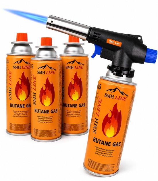 Quatre cartouches de gaz butane SMH LINE oranges avec logo flamme, à côté d'un chalumeau SM-141 avec flamme bleue.