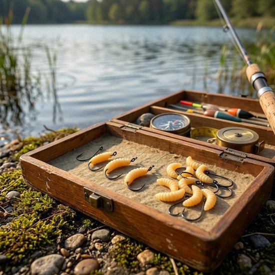 Beige vis aas kunstaas set unisex rubber maden vishaas met vis haken zachte imitatie wormen voor forel crappie panvis en zoetwater vissen 55 stuks — afbeelding 5