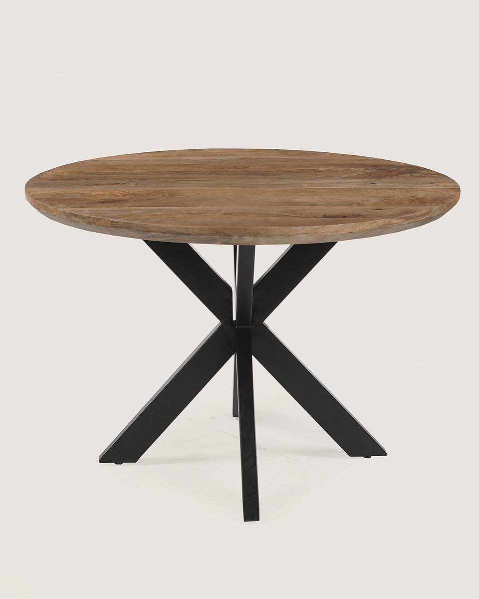 Ronde Eettafel 120 cm Mangohout – Bruin – Zwart Metalen Matrix Onderstel – Elegant Chic – 4-5 Personen
