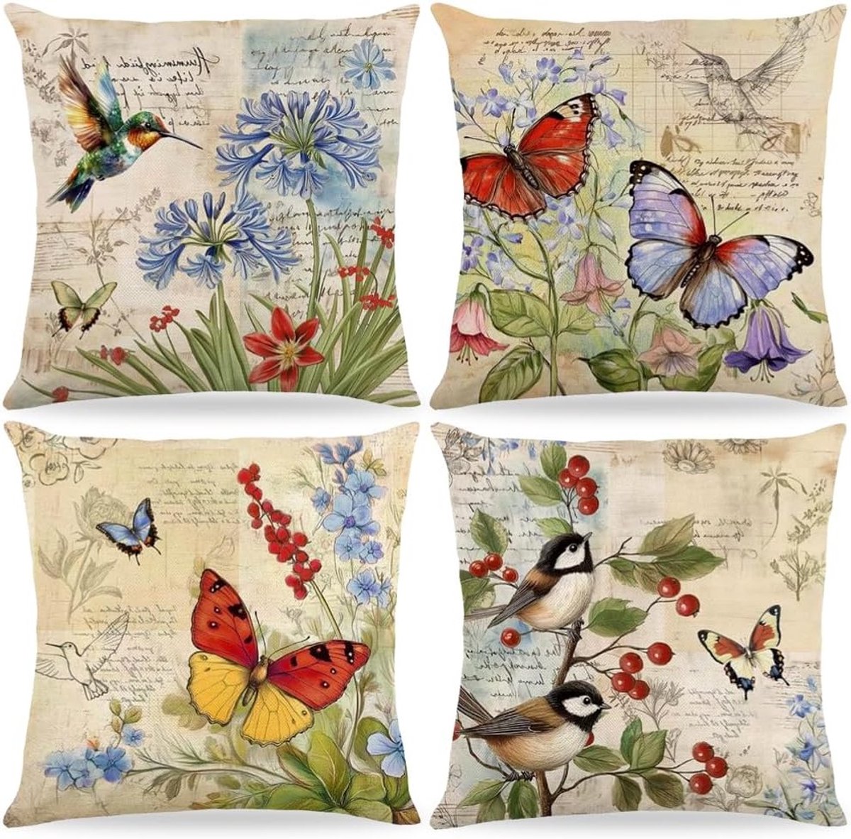 Kussenhoezen met Lente Bloemen en Vlinders voor Sofa en Slaapkamer Decoratie - Set van 4, 40cm